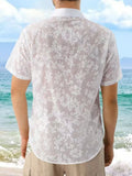 Riolio Summer Vacation Casual Men Shirts Fashion Short Sleeve Buttoned Lapel Breathable Tops Stylish Florals Embroidery Mesh Shirt Mens