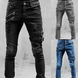 Riolio  Retro Moto Biker Straight Elastic Jeans Men Zipper Hole Streetwear Punk Skinny Denim Cargo Pants Pantalones Hombre  Y2K Clothing