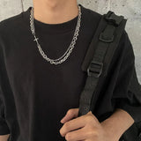 Riolio Stainless Steel Chain Necklace for Men Cross Pendant Double Layer Puck Rock Jewelry On The Neck Fashion Necklace Stranger Things