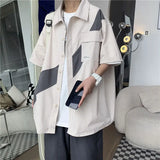 Riolio  Contrast Color Splicing Workwear Short-sleeved Shirt Men Summer Japanese Casual Versatile Jacket
