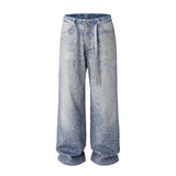 Riolio Full Rhinestone Print Washed Blue Baggy Jeans Mens and Women Ropa Hombre Streetwear Solid Casual Denim Trousers Loose Cargos