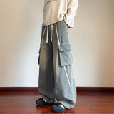 Riolio  Cargo Jeans Men Street Dance Loose Trousers Youth Trend Elastic Waist Pants Straps Decoration Big Pockets Workwear Hip Hop