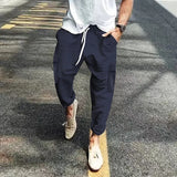 Riolio  Men's Striped Linen Blend Harem Pants Elastic Waist Drawstring Casual Trousers