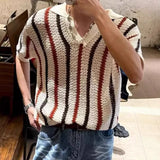 Riolio  Summer Casual Mens Knit Polo Shirts Trendy Hollow Out Striped Knitted Polos For Men Fashion Short Sleeve Lapel Pullovers