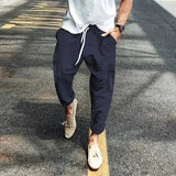 Riolio  Men's Striped Linen Blend Harem Pants Elastic Waist Drawstring Casual Trousers