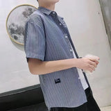 Riolio  Men Summer Short Sleeve Casual Shirt Loose Fit Korean Style Striped Hong Kong Fashion Shirt Jacket for Daily Outdoor Wear