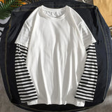 Riolio Student T-Shirts Fake Two Piece Set Striped Long Sleeve O Neck Simple Casual Spring Top Tee Shirts For Men School