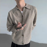 Riolio New Korean Fashion Men Cardigan Jacket Light Luxury Knitted Polo Neck Long Sleeve Sweater Coat Casual Retro Solid Color Knitwear