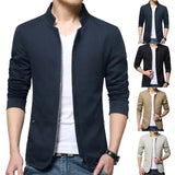 Riolio Casual Men Blazer Spring Autumn Stylish Business Casual Jacket Solid Color Stand Collar Zipper Pockets Thin Slim Blazer Coat