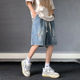 Riolio Men's New Retro Elastic Waist Pocket Fashionable Solid Color Five-point Star Ripped Denim Shorts