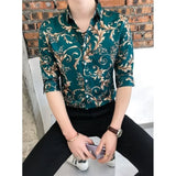 Riolio  Summer Floral Shirt Men's Short sleeved Slim Korean Style Trendy Mid sleeved Hairstylist Seven-quarter Sleeves