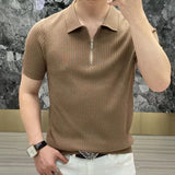 Riolio  Summer Thin Ice Silk Cool Men's Polo Shirt Solid Lapel Zipper Patchwork Smart Casual Elastic Breathable Short Sleeved Top