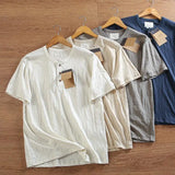 Riolio Bamboo Joint Cotton Shirt Breathable Henry Neck Tough Guy Casual Short-sleeved T-shirt Men's Summer Sports Retro Top