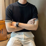 Riolio Men's Clothing Fashion Patchwork Tops Luxury High Quality Knit O Neck Short-sleeved T-shirt Leisure Popular Retro Slim Knitwear