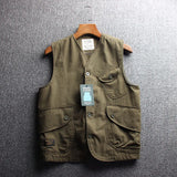 Riolio  Men's Cotton Workwear Jaet Svel Khaki Vest Retro oulder Pad Vest Faionable Urban Sle Travel Wear