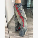 Riolio American Hip-hop Retro Jeans for Men and Women Loose and Trendy Straight Leg Striped Patchwork Casual Washed Wide Leg Pants