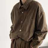Riolio  Spring Japanese Retro Brown Striped Shirts for Men and Women Loose Long-sleeved Pocket Button Lapels Casual Men Shirt Jackets