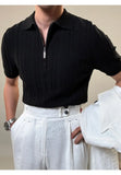 Riolio Zipper Knitted Short-sleeved Polo Shirt Men Summer American Retro Commuting Loose Vertical Striped Pit Strip Lapel T-shirt Men