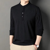 Riolio  Men Long Sleeve Spring Autumn Fashion Polo Shirts Stand Collar Business Half Open Collar Bottoming Striped Slim Comfortable Tops