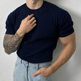 Riolio  Mens Hemp Pattern Casual Thin Short-Sleeved Sweater Summer New Daily Simple Solid Color Versatile Stretch T-Shirt For Men