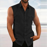 Riolio Leisure Men's Cotton Linen Tank Tops Spring Summer Casual Solid Color Buttoned Lapel Sleeveless Vest Shirt Fashion Camisole