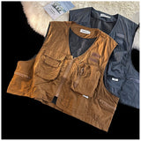 Riolio American Outdoor Multi-function Short Vest Jacket Basic Commuting Versatile Vest Cityboy Workwear Waistcoat Aesthetic Urban Chic