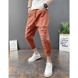 Riolio Korean Ankle-Length Distressed Jeans Men White Breathable Slim Fit Ripped Denim Pants Four Season Narrow Leg Harem Male Trousers