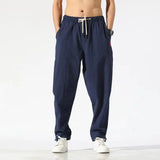 Riolio  New Spring and Autumn Fashion Trend Loose Relaxed High Waist Panel Pocket Solid Color Versatile Men's Linen Harlan Pants