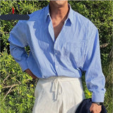 Riolio Men's Blue Vertical Striped Long-Sleeved Shirt, Korean Style High Quality Casual  Shirt Coat