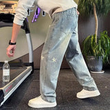 Riolio  Men Star Printed Distressed Jeans Loose Wide Leg Knife Cut Casual Straight Denim Pants for Spring Autumn