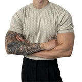 Riolio  Mens Hemp Pattern Casual Thin Short-Sleeved Sweater Summer New Daily Simple Solid Color Versatile Stretch T-Shirt For Men