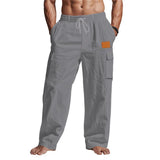 Riolio  Men's Linen Cotton Cargo Pants Drawstring Waist Wide Leg Casual Summer Beach Trousers with Pockets