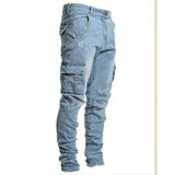 Riolio  Stylish Tide Brand Men Cargo Narrow Leg Denim Pants Elastic Slim Fit Jeans Solid Color Multi Pockets Casual Skinny Male Trousers