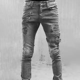 Riolio  Retro Moto Biker Straight Elastic Jeans Men Zipper Hole Streetwear Punk Skinny Denim Cargo Pants Pantalones Hombre  Y2K Clothing