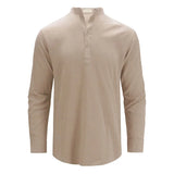 Riolio Men's Cotton Linen Long Sleeve Polo Shirt Lightweight Henley Neck Hawaiian Beach Style Solid Color Tops Vacation T-shirt