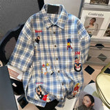 Riolio Men and women trendy retro checkered short sleeved embroidered shirt American summer couple loose casual short sleeved shirt Y2K