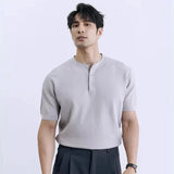 Riolio New Fashion American Style Men T-shirt Luxury Striped Knitted Henry Collar Tees Casual Solid Color Short Sleeve Breathable Tops