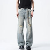 Riolio Men Straight Leg Vintage Blue Washed Denim Jeans Casual Ripped Distressed Trousers Classic Retro Style Comfortable Streetwear