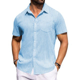 Riolio  Men's New Fashion Striped Breathable Short Sleeve Shirt, Lapel Collar Casual Tops, Lightweight Soft Summer Daily Stylish Shirt