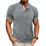 Riolio  Men's Grey Henley Neck Short Sleeve T-Shirt with Contrast Stitching Chest Pocket Casual Muscle Fit Top