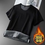 Riolio Men Thermal Underwear Tops Fleece Thickened Short Sleeve T-Shirt Keep Warm Tees O-neck Solid Bottoming Shirt Thermo Pullover