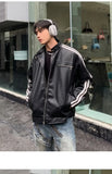 Riolio Retro Leather Jacket Men Women  American Patchwork Strip Racing Outerwear Loose Hip Hop Zippers Brown PU Coat Streetwear Spring