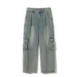Riolio  Spring and Autumn Street Couple Loose Retro Straight Tube Multi Pocket Washed Jeans for Men and Women Loose Hip Hop Casual Pants