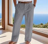 Riolio  Solid Color Pleated Linen Suit Pants For Men Elastic High Waist Straight Wide Leg Trousers Summer Office Casual Beach trousers