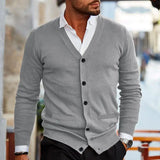 Riolio  Spring Autumn Mens Solid Color Knitted Cardigan Fashion V-Neck Long Sleeve Slim Fit Sweater Coat with Pockets Men Knit Outwear