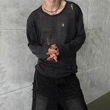 Riolio  Mens Ripped Knitted Nightclub T-Shirt Streetwear Fashion Personality Hollow Trend Casual Long-Sleeve Top Men'S Clothing New