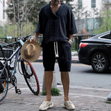 Riolio New Summer Men's Set Loose Casual Sports Suit High-quality Jacquard V-neck Short-sleeved Shorts Two-piece Men's Clothing