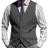 Riolio  Men Vest Brown Herringbone Solid Color V Neck Waistcoat For Wedding Business Banquet Work Formal Daily Casual Men Suit Vest