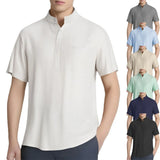 Riolio  Men's Cotton Linen Shirts Casual Short-sleeved T-shirts Hawaiian Henrey Shirt Solid Color Male Tees