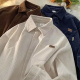 Riolio New American Retro Men Corduroy Shirts Trendy Lapel Vintage Solid Color Long Sleeve Cardigan Tops Casual Hip Pop Premium Blouse